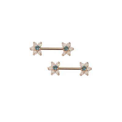 Opal-Effect Flower Nipple Rings - 14 Gauge