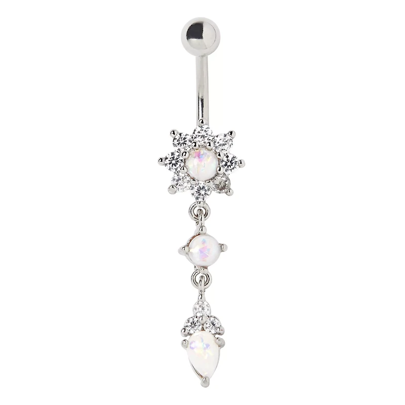 Opal-Effect Flower Dangle Belly Ring - 14 Gauge