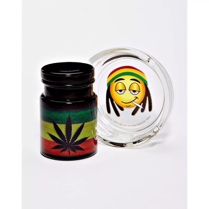 Rasta Leaf Emoji Stash Jar and Ashtray Set