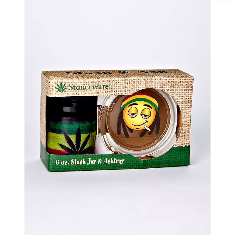 Rasta Leaf Emoji Stash Jar and Ashtray Set