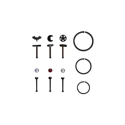 Multi-Pack Red CZ Witchcore Stud & Hoop Nose Rings - 9 Pack