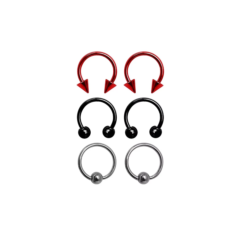 Multi-Pack Silvertone Red and Black Captive Bead Rings and Horseshoe Rings 6 Pack - 10 Gauge