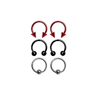 Multi-Pack Silvertone Red and Black Captive Bead Rings and Horseshoe Rings 6 Pack - 10 Gauge