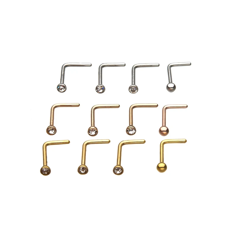 Multi-Pack CZ L-Bend Nose Rings 12 Pack - 20 Gauge