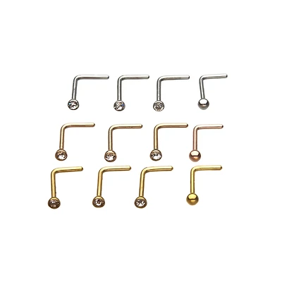 Multi-Pack CZ L-Bend Nose Rings 12 Pack - 20 Gauge