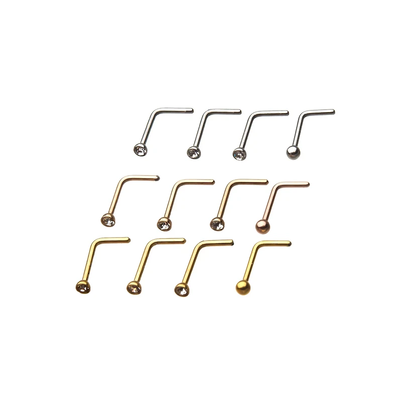 Multi-Pack CZ L-Bend Nose Rings 12 Pack - 20 Gauge