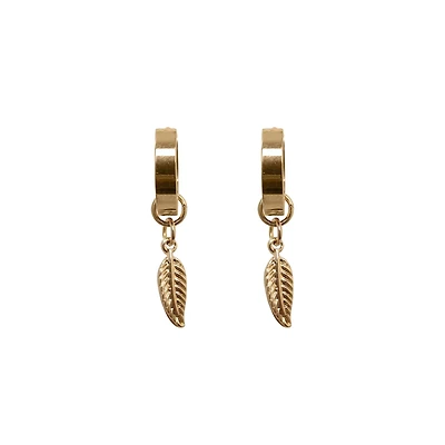 Goldtone Feather Dangle Huggie Earrings - 18 Gauge