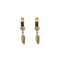 Goldtone Feather Dangle Huggie Earrings - 18 Gauge