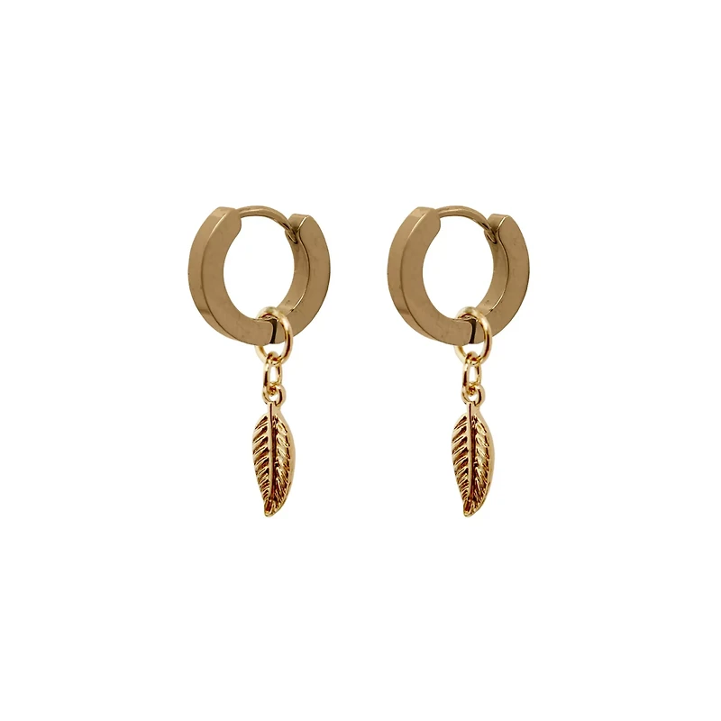 Goldtone Feather Dangle Huggie Earrings - 18 Gauge
