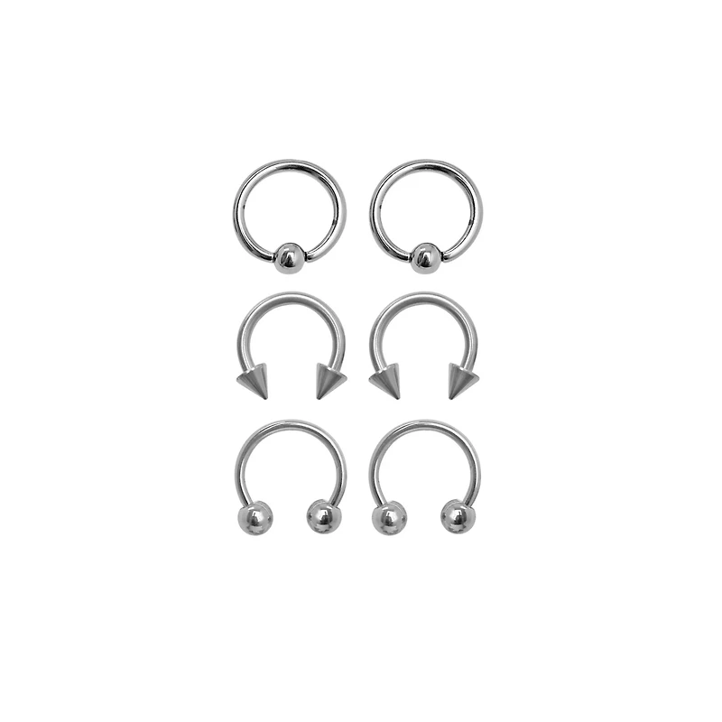 Multi-Pack Silvertone Captive Bead and Horseshoe Rings 3 Pair - 16 Gauge