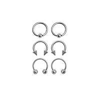 Multi-Pack Silvertone Captive Bead and Horseshoe Rings 3 Pair - 16 Gauge
