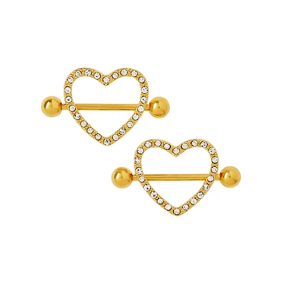 CZ Heart Gold-Tone Nipple Shields - 14 Gauge