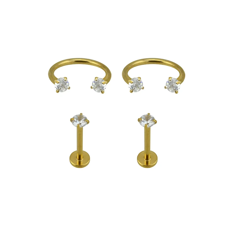 Multi-Pack Goldtone CZ Labret Lip Rings 4 Pack - 16 Gauge