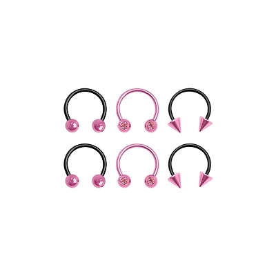 Black and Pink Horseshoe Rings - 3 Pair