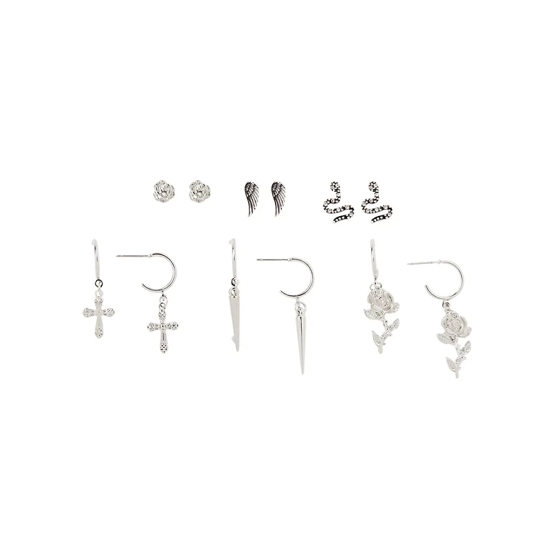 Multi-Pack Silvertone Rose and Snake Earrings - 6 Pair