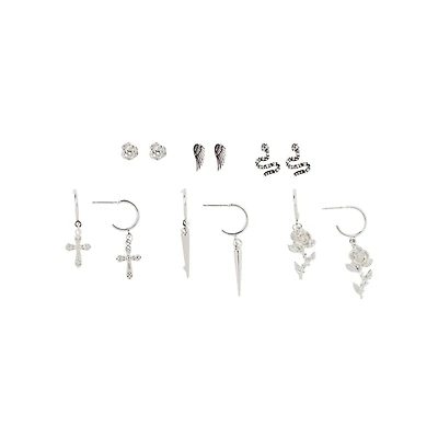 Multi-Pack Silvertone Rose and Snake Earrings - 6 Pair