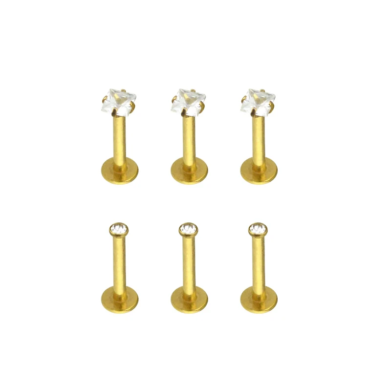 Multi-Pack Goldtone CZ Labret Lip Rings 6 Pack - 16 Gauge