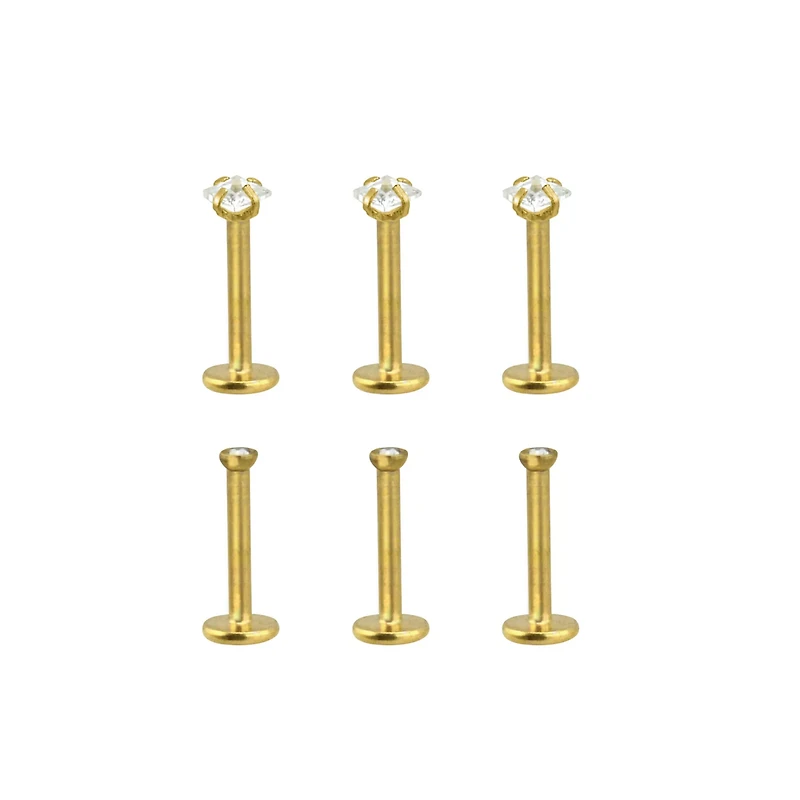 Multi-Pack Goldtone CZ Labret Lip Rings 6 Pack - 16 Gauge