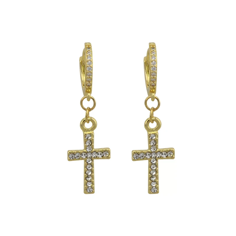 CZ Goldtone Cross Dangle Huggie Hoop Earrings - 18 Gauge