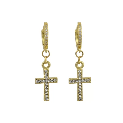 CZ Goldtone Cross Dangle Huggie Hoop Earrings - 18 Gauge