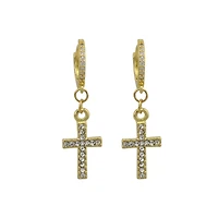 CZ Goldtone Cross Dangle Huggie Hoop Earrings - 18 Gauge