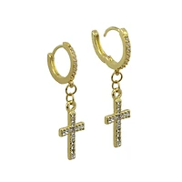 CZ Goldtone Cross Dangle Huggie Hoop Earrings - 18 Gauge