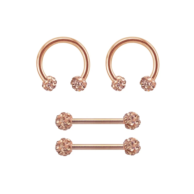 Multi-Pack Rose Goldtone Pave Nipple Barbells and Horseshoe Rings 2 Pair - 14 Gauge