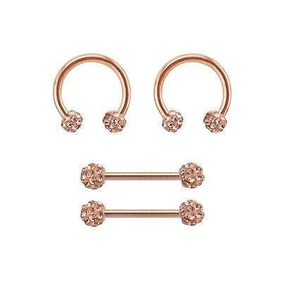 Multi-Pack Rose Goldtone Pave Nipple Barbells and Horseshoe Rings 2 Pair - 14 Gauge