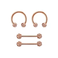 Multi-Pack Rose Goldtone Pave Nipple Barbells and Horseshoe Rings 2 Pair - 14 Gauge