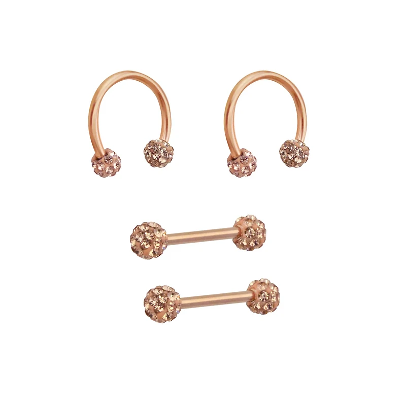 Multi-Pack Rose Goldtone Pave Nipple Barbells and Horseshoe Rings 2 Pair - 14 Gauge