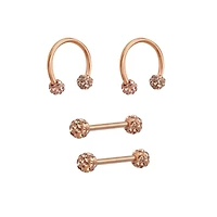 Multi-Pack Rose Goldtone Pave Nipple Barbells and Horseshoe Rings 2 Pair - 14 Gauge