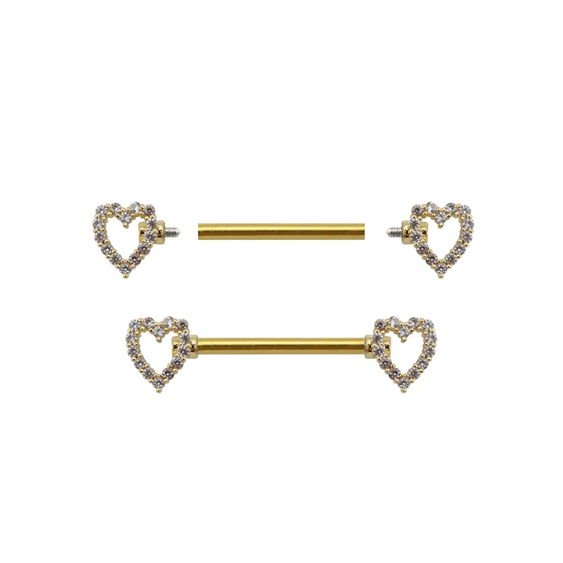 CZ Heart Goldtone Nipple Barbells - 14 Gauge