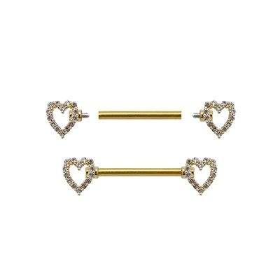 CZ Heart Goldtone Nipple Barbells - 14 Gauge