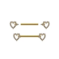 CZ Heart Goldtone Nipple Barbells - 14 Gauge