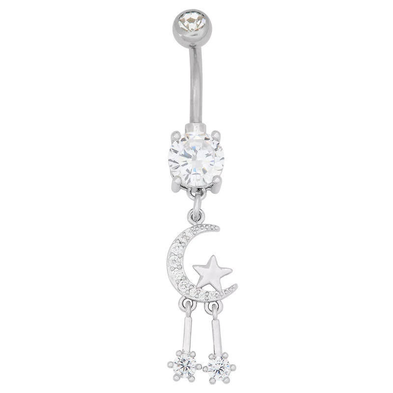 CZ Crescent Moon Dangle Belly Ring – 14 Gauge