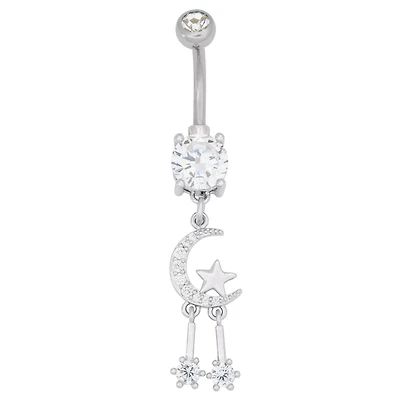 CZ Crescent Moon Dangle Belly Ring – 14 Gauge