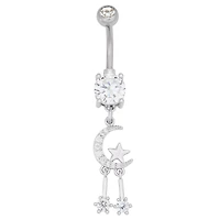 CZ Crescent Moon Dangle Belly Ring – 14 Gauge