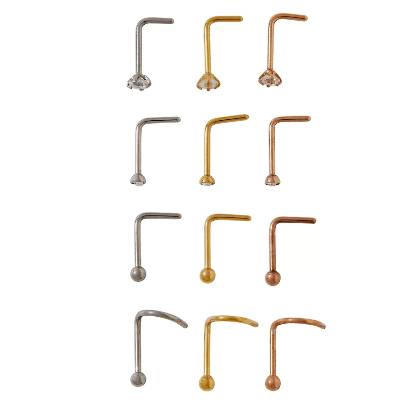 Multi-Pack CZ L-Bend and Screw Nose Rings 12 Pack