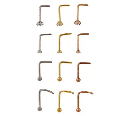Multi-Pack CZ L-Bend and Screw Nose Rings 12 Pack