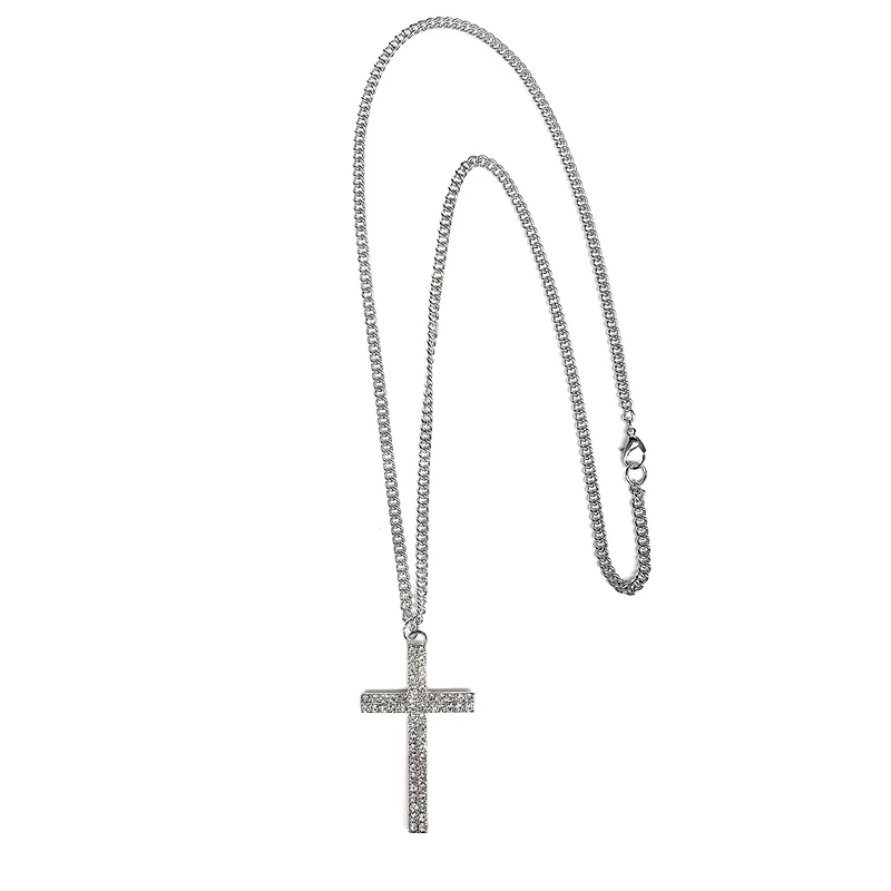 Silvertone Cross Curb Chain Necklace