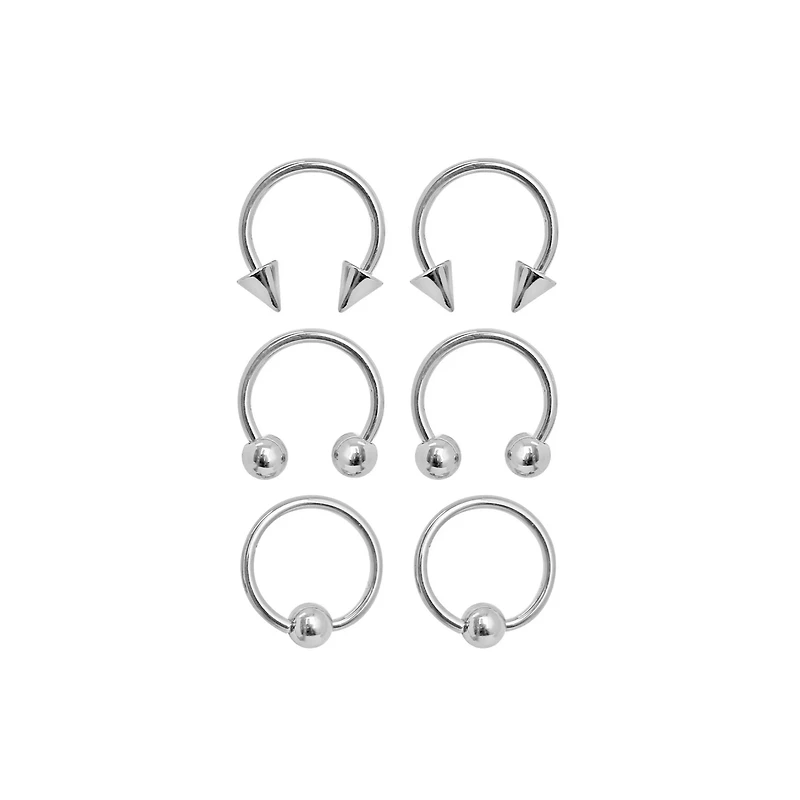 Multi-Pack Silvertone Captive Bead and Horseshoe Rings 3 Pair - 16 Gauge