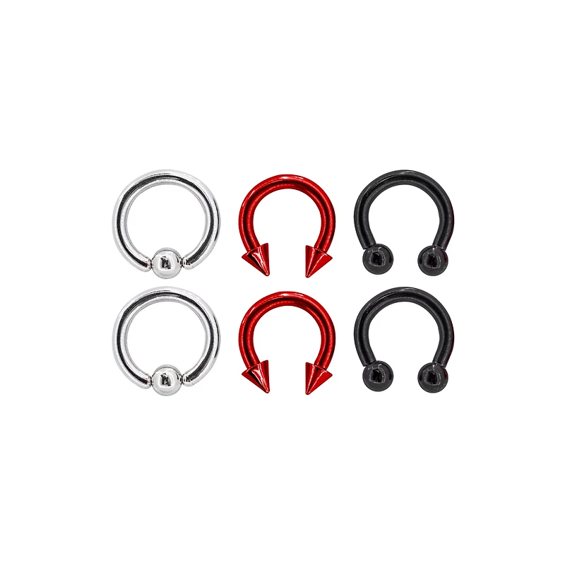 Multi-Pack Silvertone Red and Black Captive Bead Rings and Horseshoe Rings 6 Pack - 10 Gauge