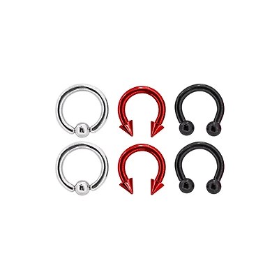 Multi-Pack Silvertone Red and Black Captive Bead Rings and Horseshoe Rings 6 Pack - 10 Gauge