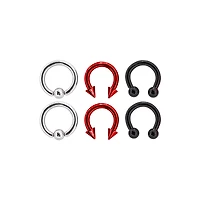 Multi-Pack Silvertone Red and Black Captive Bead Rings and Horseshoe Rings 6 Pack - 10 Gauge