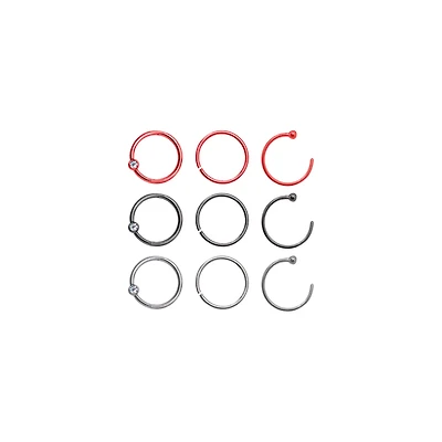 Multi-Pack CZ Red and Black Hoop Nose Rings 9 Pack – 20 Gauge