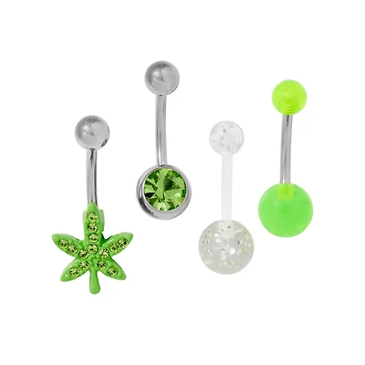 Multi-Pack CZ Weed Leaf Belly Rings - 14 Gauge