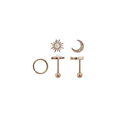 Multi-Pack CZ Sun and Moon Barbells Hoop Earrings 3 Pack – 18 Gauge