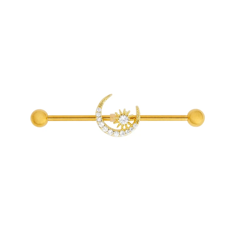 Goldplated CZ Sun and Moon Industrial Barbell - 14 Gauge