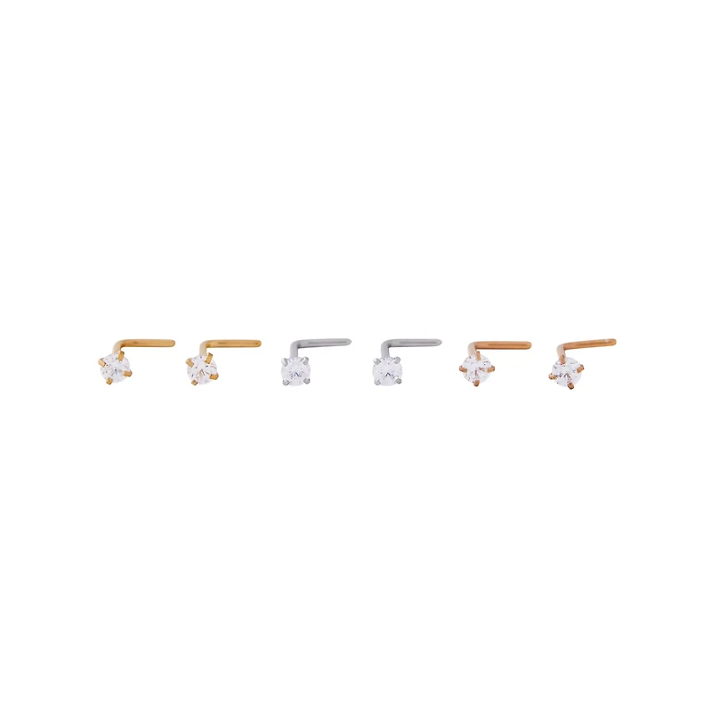 Multi-Pack Prong CZ L-Bend Nose Rings 6 Pack – 20 Gauge