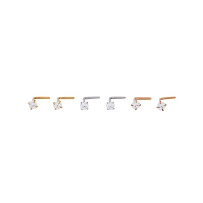 Multi-Pack Prong CZ L-Bend Nose Rings 6 Pack – 20 Gauge